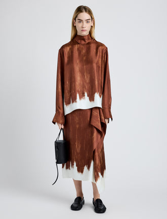 Proenza Schouler Front full length image of model wearing Amery Skirt in Double Printed Silk Twill in Sienna Multi
