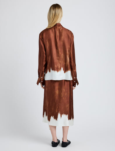 Proenza Schouler Back full length image of model wearing Amery Skirt in Double Printed Silk Twill in Sienna Multi