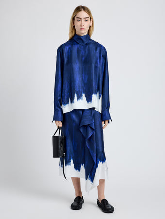 Proenza Schouler Front full length image of model wearing Amery Skirt in Double Printed Silk Twill in Cobalt Multi