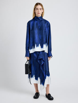 Proenza Schouler Front full length image of model wearing Amery Skirt in Double Printed Silk Twill in Cobalt Multi