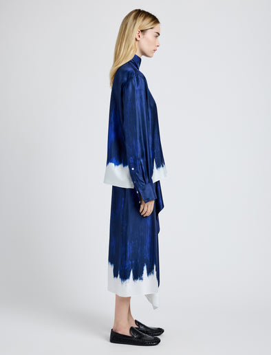 Proenza Schouler Side full length image of model wearing Amery Skirt in Double Printed Silk Twill in Cobalt Multi