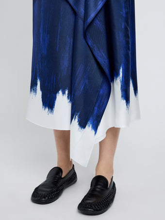 Proenza Schouler Detail image of model wearing Amery Skirt in Double Printed Silk Twill in Cobalt Multi