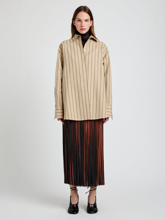 Proenza Schouler Front full length image of model wearing Veda Skirt in Faux Leather Fringe in Brown Multi