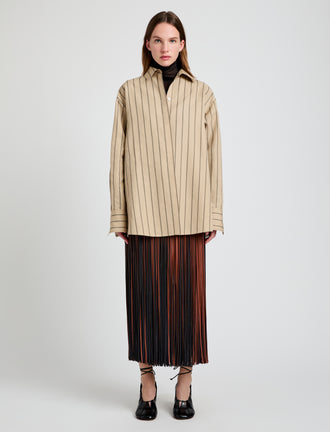 Proenza Schouler Front full length image of model wearing Veda Skirt in Faux Leather Fringe in Brown Multi
