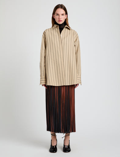 Proenza Schouler Front full length image of model wearing Veda Skirt in Faux Leather Fringe in Brown Multi