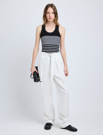 Proenza Schouler Front full length image of model wearing Vera Pant in Cotton Linen Suiting in White