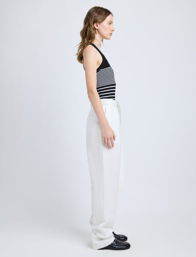 Proenza Schouler Side full length image of model wearing Vera Pant in Cotton Linen Suiting in White