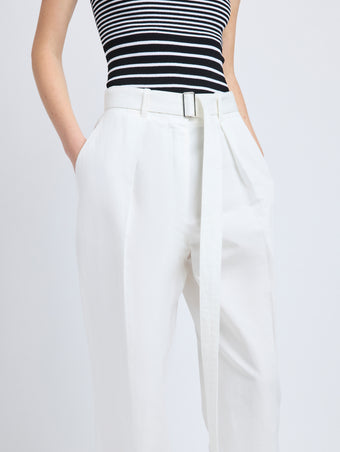 Proenza Schouler Detail image of model wearing Vera Pant in Cotton Linen Suiting in White
