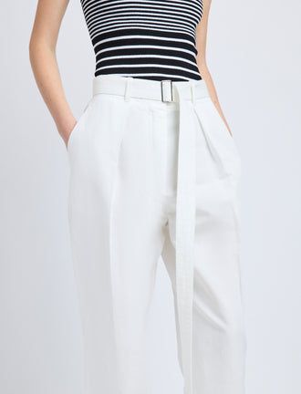 Proenza Schouler Detail image of model wearing Vera Pant in Cotton Linen Suiting in White