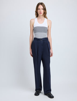 Proenza Schouler Front full length image of model wearing Vera Pant in Cotton Linen Suiting in Navy