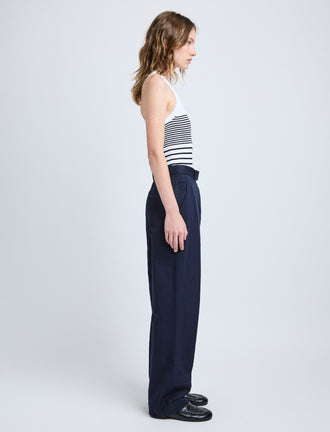 Proenza Schouler Side full length image of model wearing Vera Pant in Cotton Linen Suiting in Navy