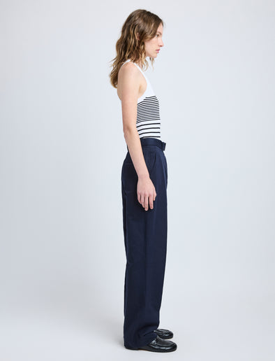 Proenza Schouler Side full length image of model wearing Vera Pant in Cotton Linen Suiting in Navy