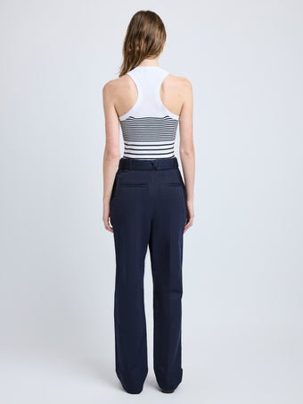 Proenza Schouler Back full length image of model wearing Vera Pant in Cotton Linen Suiting in Navy