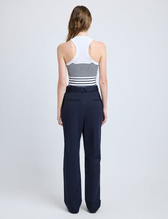 Proenza Schouler Back full length image of model wearing Vera Pant in Cotton Linen Suiting in Navy