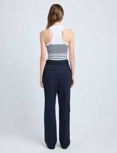 Proenza Schouler Back full length image of model wearing Vera Pant in Cotton Linen Suiting in Navy