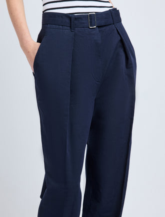 Proenza Schouler Detail image of model wearing Vera Pant in Cotton Linen Suiting in Navy