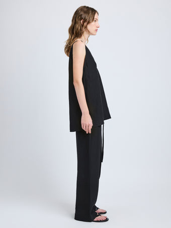 Proenza Schouler Side full length image of model wearing Maggi Pant in Cotton Viscose Linen in Black