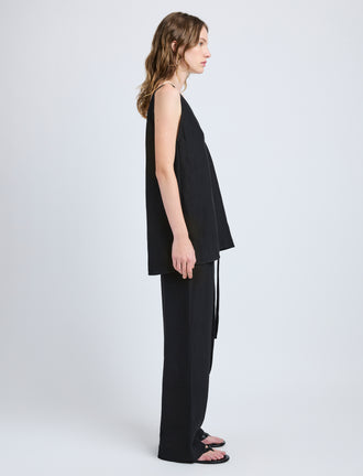 Proenza Schouler Side full length image of model wearing Maggi Pant in Cotton Viscose Linen in Black