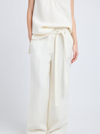 Proenza Schouler Detail image of model wearing Maggi Pant in Cotton Viscose Linen in Ecru