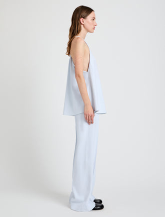 Proenza Schouler Side full length image of model wearing Weyes Pant in Matte Double Crepe in Powder Blue