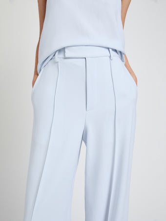 Proenza Schouler Detail image of model wearing Weyes Pant in Matte Double Crepe in Powder Blue