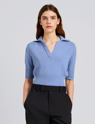 Proenza Schouler Front cropped image of model wearing Reeve Polo in Cotton Knit in Pale Blue