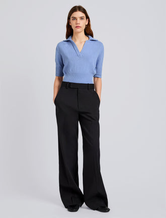 Proenza Schouler Front full length image of model wearing Reeve Polo in Cotton Knit in Pale Blue