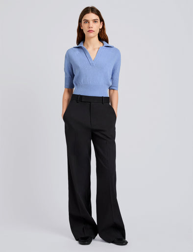 Proenza Schouler Front full length image of model wearing Reeve Polo in Cotton Knit in Pale Blue