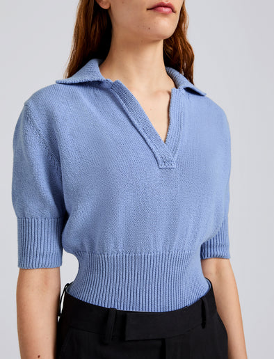 Proenza Schouler Detail image of model wearing Reeve Polo in Cotton Knit in Pale Blue