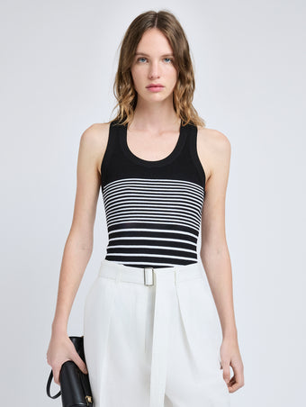 Proenza Schouler front cropped image of model wearing Roberts Top in Matte Viscose Rib in black multi