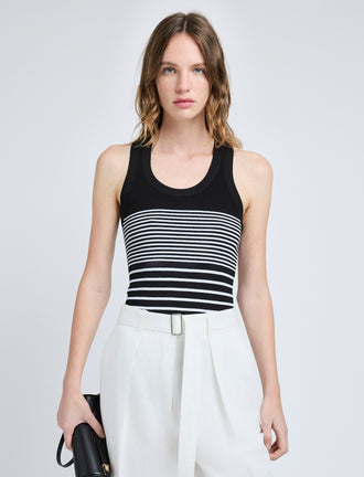 Proenza Schouler front cropped image of model wearing Roberts Top in Matte Viscose Rib in black multi