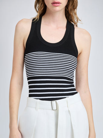 Proenza Schouler detail image of model wearing Roberts Top in Matte Viscose Rib in black multi