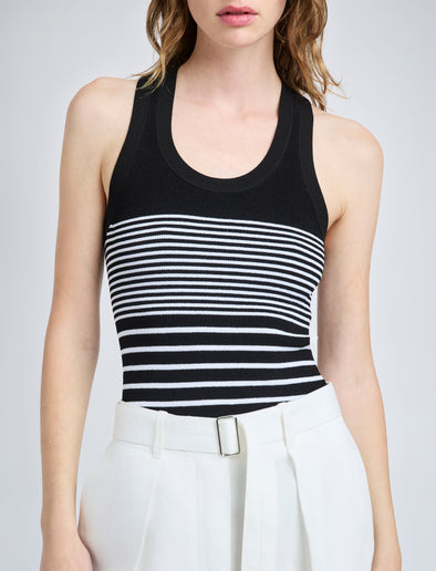 Proenza Schouler detail image of model wearing Roberts Top in Matte Viscose Rib in black multi