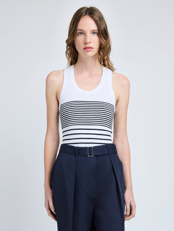 Proenza Schouler front cropped image of model wearing Roberts Top in Matte Viscose Rib in white multi