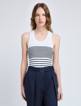 Proenza Schouler front cropped image of model wearing Roberts Top in Matte Viscose Rib in white multi