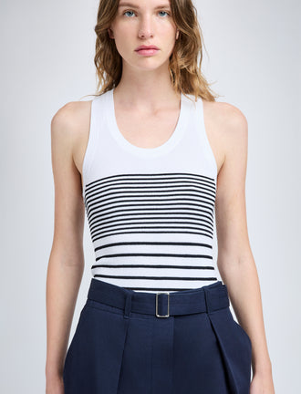 Proenza Schouler detail image of model wearing Roberts Top in Matte Viscose Rib in white multi