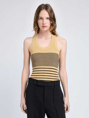 Proenza Schouler Front cropped image of model wearing Roberts Top in Matte Viscose Rib in Khaki Multi