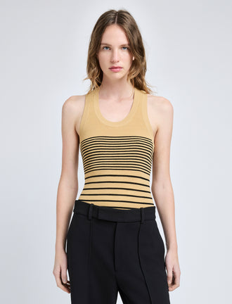 Proenza Schouler Front cropped image of model wearing Roberts Top in Matte Viscose Rib in Khaki Multi