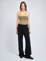 Proenza Schouler Front full length image of model wearing Roberts Top in Matte Viscose Rib in Khaki Multi