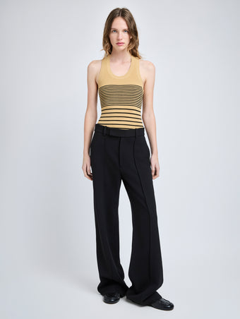 Proenza Schouler Front full length image of model wearing Roberts Top in Matte Viscose Rib in Khaki Multi