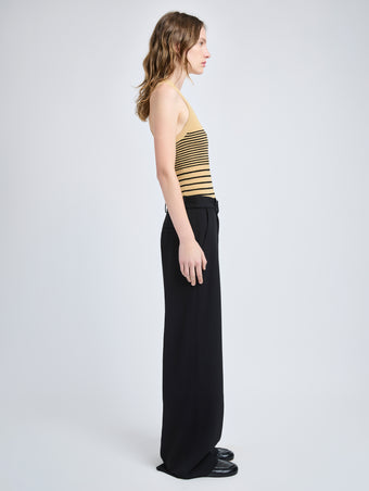 Proenza Schouler Side full length image of model wearing Roberts Top in Matte Viscose Rib in Khaki Multi