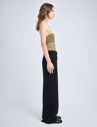 Proenza Schouler Side full length image of model wearing Roberts Top in Matte Viscose Rib in Khaki Multi