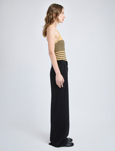 Proenza Schouler Side full length image of model wearing Roberts Top in Matte Viscose Rib in Khaki Multi