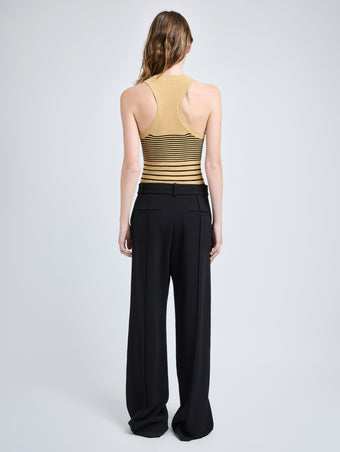 Proenza Schouler Back full length image of model wearing Roberts Top in Matte Viscose Rib in Khaki Multi