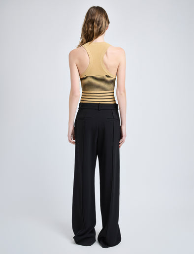 Proenza Schouler Back full length image of model wearing Roberts Top in Matte Viscose Rib in Khaki Multi