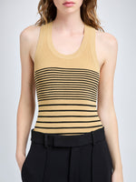 Proenza Schouler Detail image of model wearing Roberts Top in Matte Viscose Rib in Khaki Multi