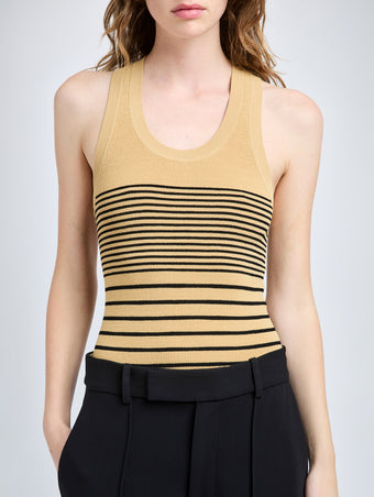 Proenza Schouler Detail image of model wearing Roberts Top in Matte Viscose Rib in Khaki Multi