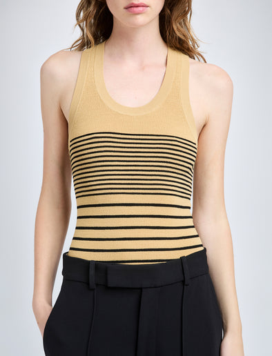 Proenza Schouler Detail image of model wearing Roberts Top in Matte Viscose Rib in Khaki Multi