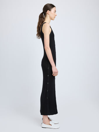 Proenza Schouler Side full length image of model wearing Ellis Dress in Column Rib in Black