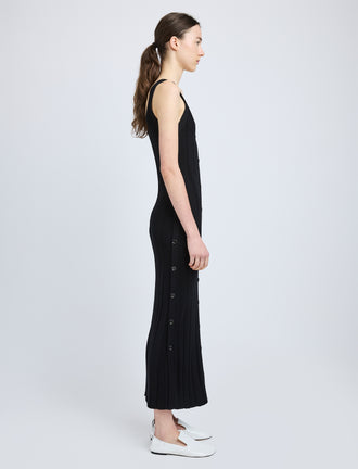 Proenza Schouler Side full length image of model wearing Ellis Dress in Column Rib in Black